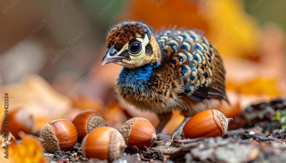 Obraz premium Close-up of baby peacock with shimmering down feathers standing on textured tree bark beside acorns 