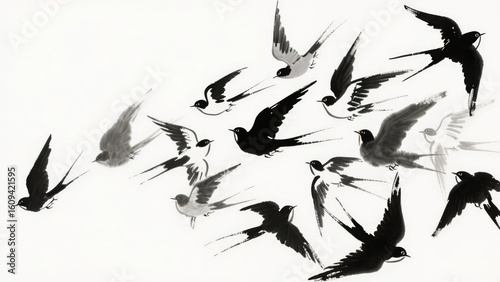 Monochrome Ink Painting of Birds in Flight