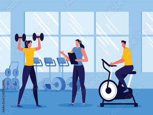 Woman lifting dumbbells with a personal trainer in a modern fitness gym vector illustration