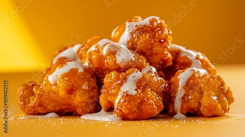 Spicy buffalo cauliflower wings drizzled with ranch dressing set against a warm golden gradient backdrop