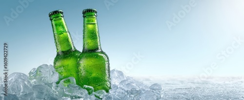 The cold green bottles refreshing on ice in a sunny outdoor setting.