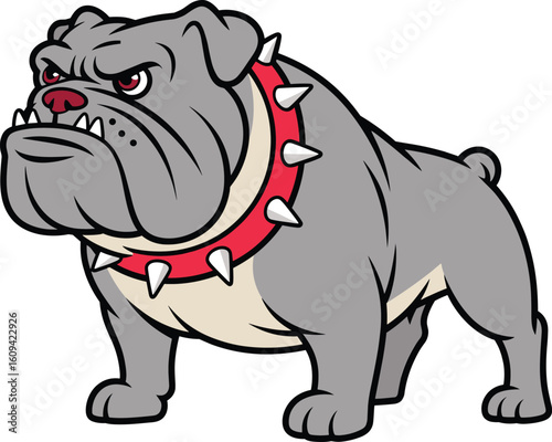 Cartoon angry bulldog mascot illustration, tough strong dog vector art, fierce animal character with spikes collar, aggressive pet drawing design