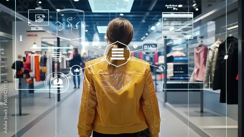 Woman in a yellow jacket exploring a modern retail store, surrounded by stylish clothing displays