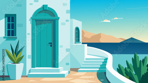 Vector art of an inviting turquoise door and winding steps of a white house overlooking the vast blue sea and distant mountains