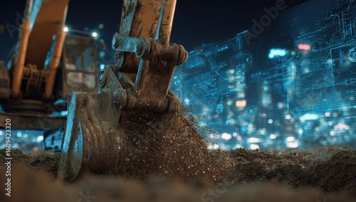 Wallpaper Mural Excavator digging in urban environment, overlaid with digital data Torontodigital.ca