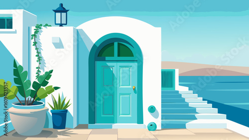 Vector art of a picturesque scene of a white villa with a turquoise door and steps overlooking the serene blue aegean sea