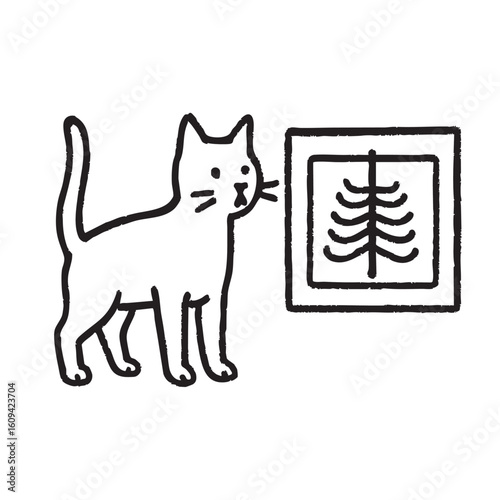 Line Art Illustration of a Cat Standing Next to an X Ray Image of Ribs