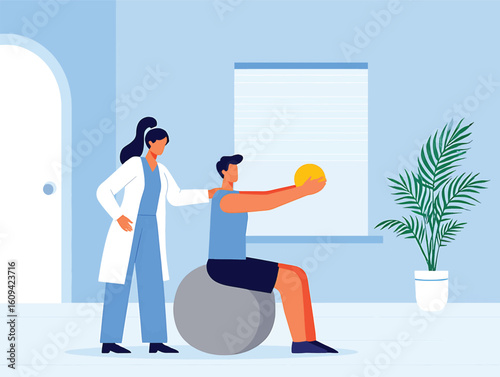 Physiotherapy rehabilitation concept with a therapist helping a patient do exercises. Vector illustration.