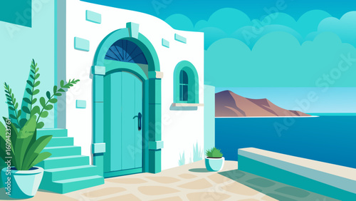 Vector art of a picturesque scene of a teal door and steps on a white building overlooking the blue sea and distant hills
