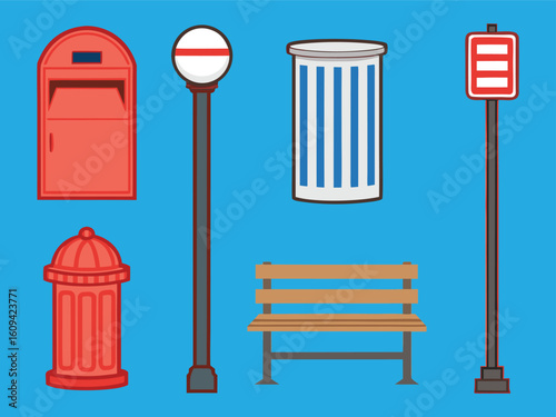 Best Illustration of Street Objects Mailbox, Light, Trashcan, Sign, and Bench