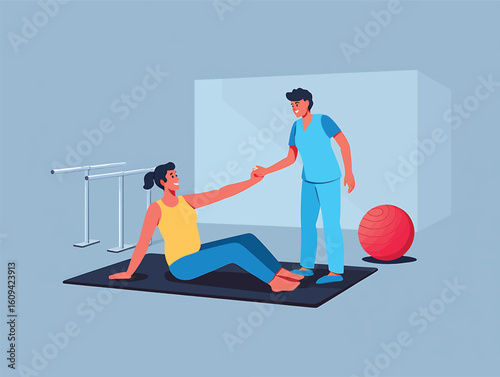 Physiotherapist helping a patient with rehabilitation exercises in a clinic. Vector illustration.