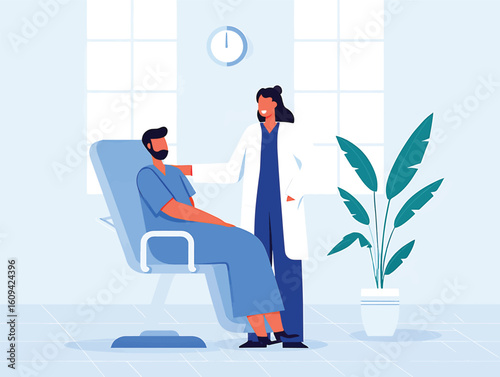 Vector illustration of a female doctor reassuring a male patient in a modern clinic