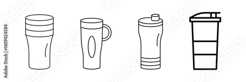 Reusable drink pot, coffee tumbler, insulated bottle, travel cup, hot beverage container icon vector illustration.