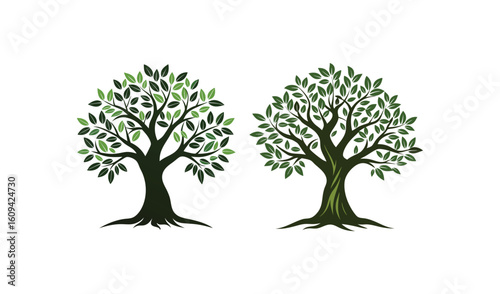 Two stylized green trees with detailed branches and roots on a white background