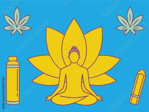 Meditative Buddha Figure with Lotus, Cannabis Leaves, Vaporizer and Crystal Illustration