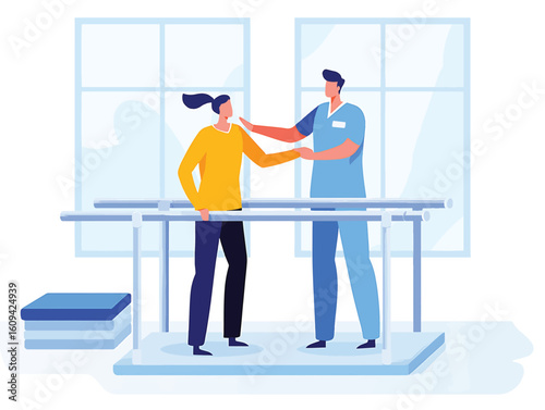 Physiotherapist helping a patient with rehabilitation exercises on parallel bars vector illustration