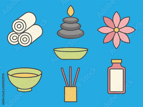 Spa and Wellness Still Life Illustration Featuring Essential Oils, Stones, and Towels