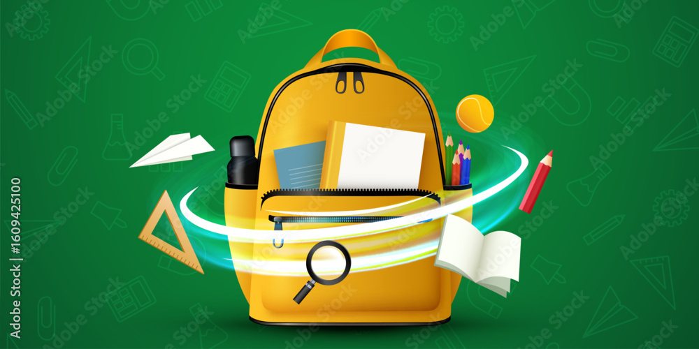 Fototapeta premium Back to school text with yellow backpack bag . Back to school design for educational study learning messages. Vector illustration