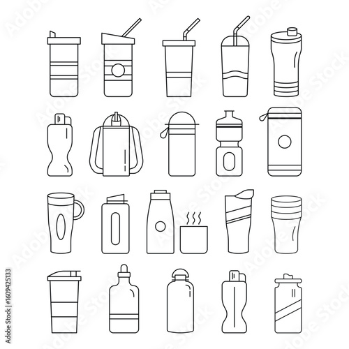 Drink bottle, travel tumbler, water flask, reusable container, plastic, glass, insulated cup icon vector illustration.
