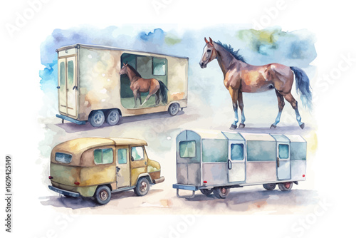 watercolor A Horse Trailer vector illustration isolated on white background