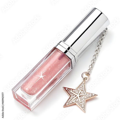 A pink lip gloss with a silver cap and a star shaped charm attached to a silver chain on white background