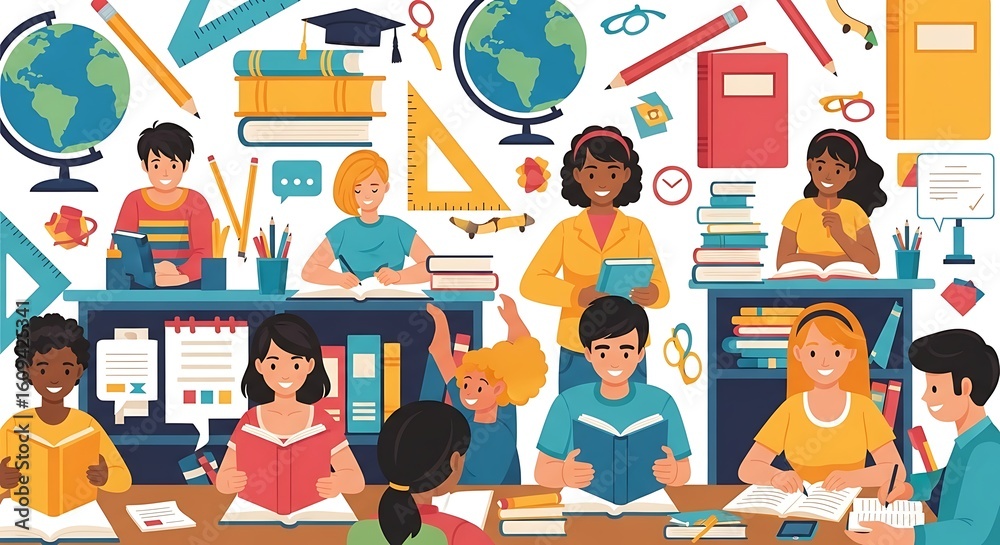 Obraz premium Diverse students learning in a classroom with educational supplies backdrop illustration