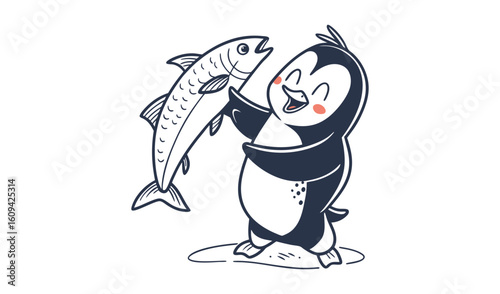 Happy cartoon penguin holding a large fish with a big smile