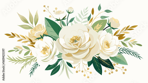 Vector art of an artistic watercolor bouquet of white roses and complementary foliage, evoking a sense of timeless romance