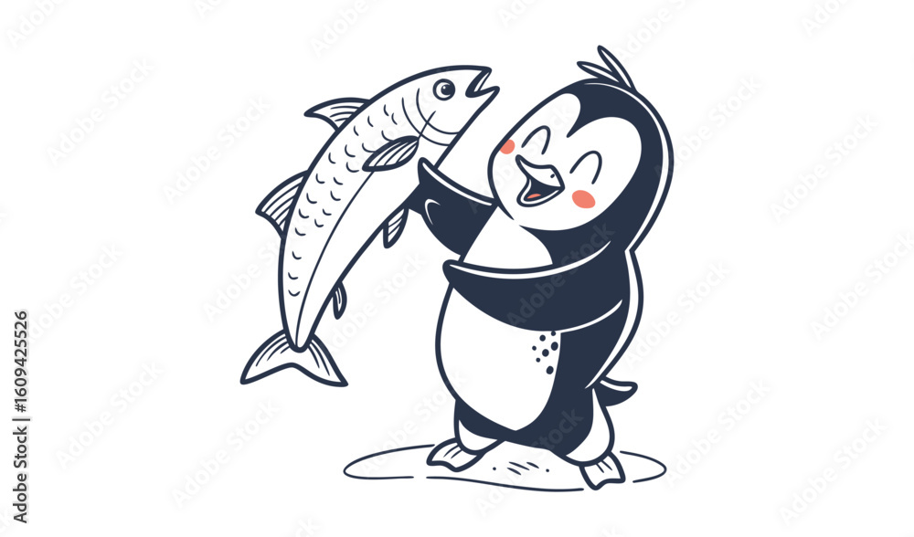 Obraz premium Happy cartoon penguin holding a large fish with a big smile