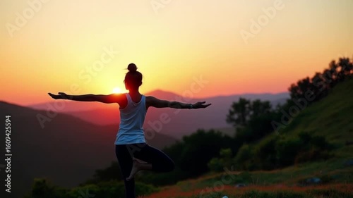 Wallpaper Mural Serene woman practicing yoga tree pose on a mountain at sunrise Torontodigital.ca