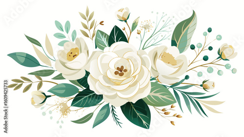 Vector art of a graceful composition of white roses and light green buds, complemented by wispy greenery and subtle golden accents