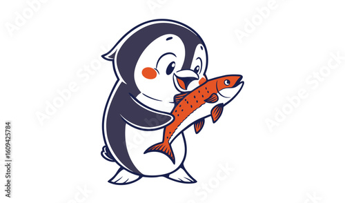 Cute cartoon penguin holding a freshly caught salmon fish