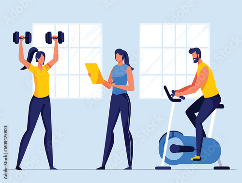 Gym workout scene with a personal trainer coaching clients vector illustration.