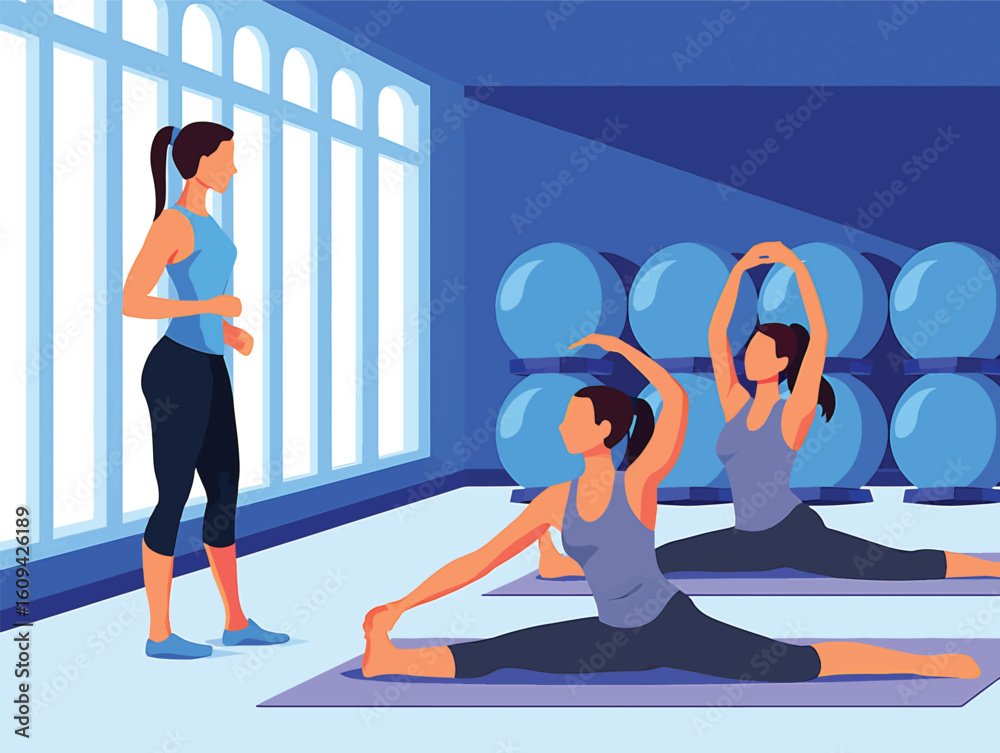Fototapeta premium Yoga Class in Modern Gym Stretching Exercises with Instructor