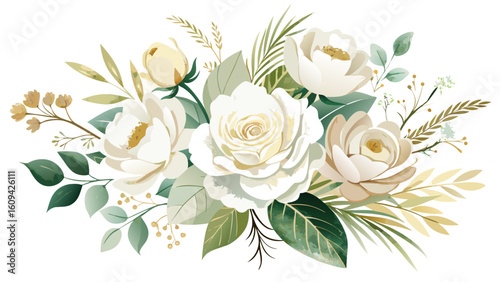 Vector art of a graceful arrangement of classic white roses and complementary greenery, creating a timeless aesthetic