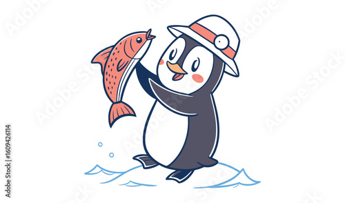 Cute cartoon penguin wearing a hat holding a fish