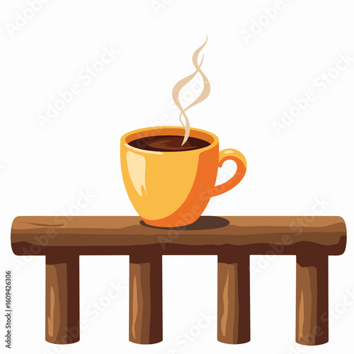 Coffee cup on porch railing, a comforting and welcoming scene. Coffee cup offers warmth and relaxation on cozy outdoor space.