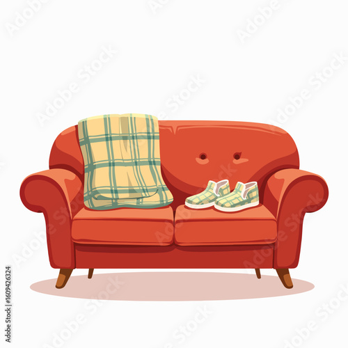 Couch with plaid blanket and slippers, providing a comfortable and inviting scene. Couch arrangement is completed with cozy plaid blanket and soft slippers, creating a relaxing atmosphere.