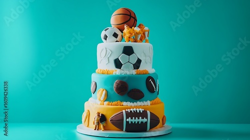 Stacked sports-themed cake featuring soccer football and basketball designs set against a vibrant teal background