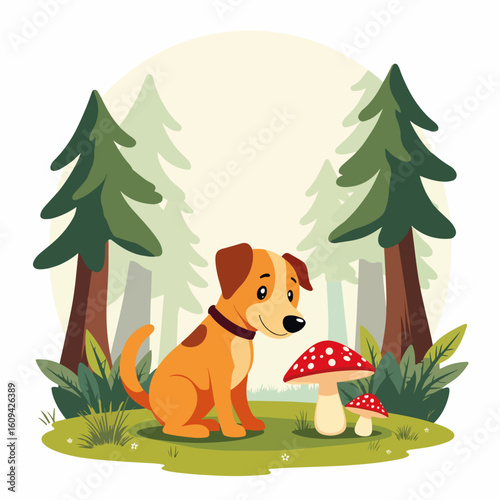 Dog sniffing mushrooms in forest, with a friendly dog exploring woodland undergrowth, captivated by vibrant mushrooms. Dog sniffing mushrooms in forest highlights canine curiosity, natural beauty,