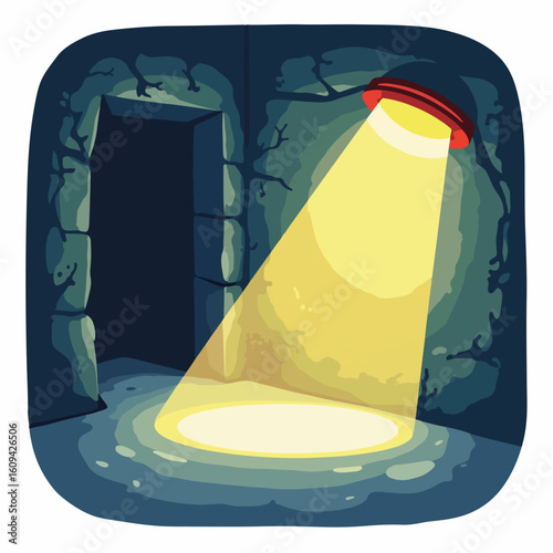 Dark basement illuminated by flashlight beam.  Light reveals damp floor and mysterious doorway in old stone walls. Flashlight beam creates eerie atmosphere perfect for horror game, mystery novel,
