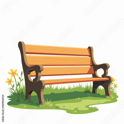 Wooden park bench in garden setting. Clean wooden bench sits on grass next to yellow flowers.  This clean park bench image is perfect for spring garden designs and park illustrations.