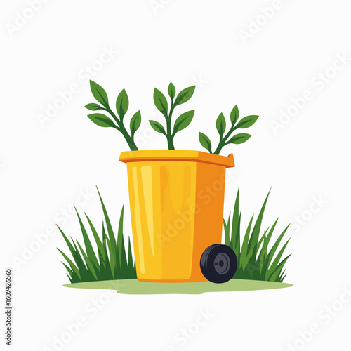 Yellow garden waste bin with trimmed branches and green grass. Recycling bin for yard waste disposal.  Garden waste bin is perfect for spring cleaning and yard maintenance.
