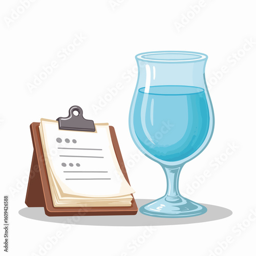 Glass of water and clipboard with checklist.  Water glass beside daily planner for productivity and wellness.  Hydration reminder concept for healthy lifestyle planning.