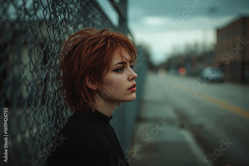 Pensive woman with red hair by chain link fence in urban setting, Contemplative redhead against a city backdrop with overcast sky
