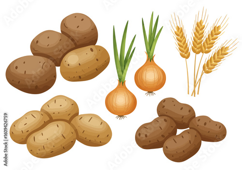 A detailed drawing showing potatoes onions and wheat
