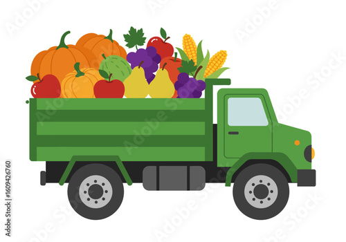 A green truck is filled with an assortment of fruits and vegetables