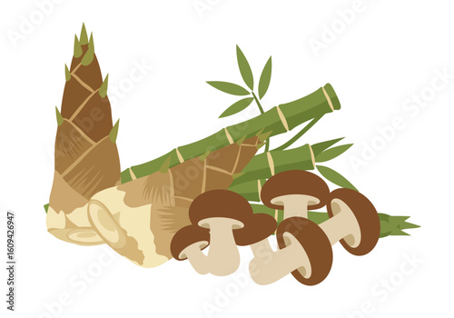 A visual ensemble of bamboo shoots bamboo sticks and mushrooms arranged together