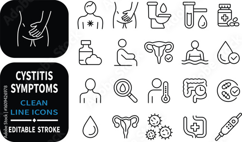 Cystitis symptoms illustrated medical icon set design in clean black and white