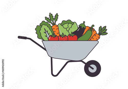 A wheelbarrow is filled with fresh produce including tomatoes carrots cabbage eggplant and zucchini